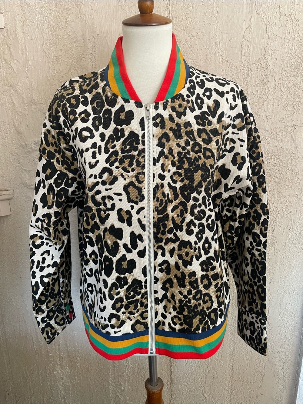 JODIFL Leopard Print Jacket with Red/Green/Yellow Trim